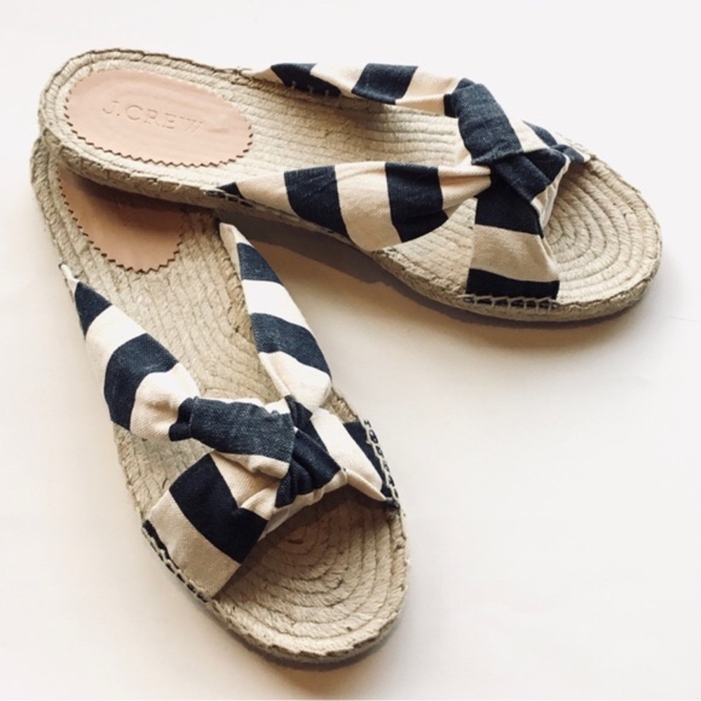 J. Crew Stripped Espadrille Slide Sandal Canvas Blue & White Knot Accent Size-10